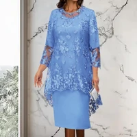 50hot1 set shawl dress flower pattern embroidered lace elegant crew neck mid calf formal dress set for party