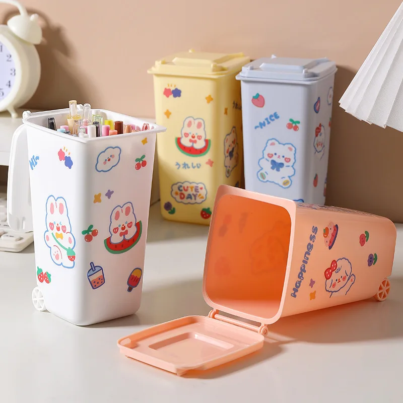 MOHAMM 1 Piece Cute Mini Funny Desktop Trash Pen Holders with Lids for Stationery Storage Student Home Desks