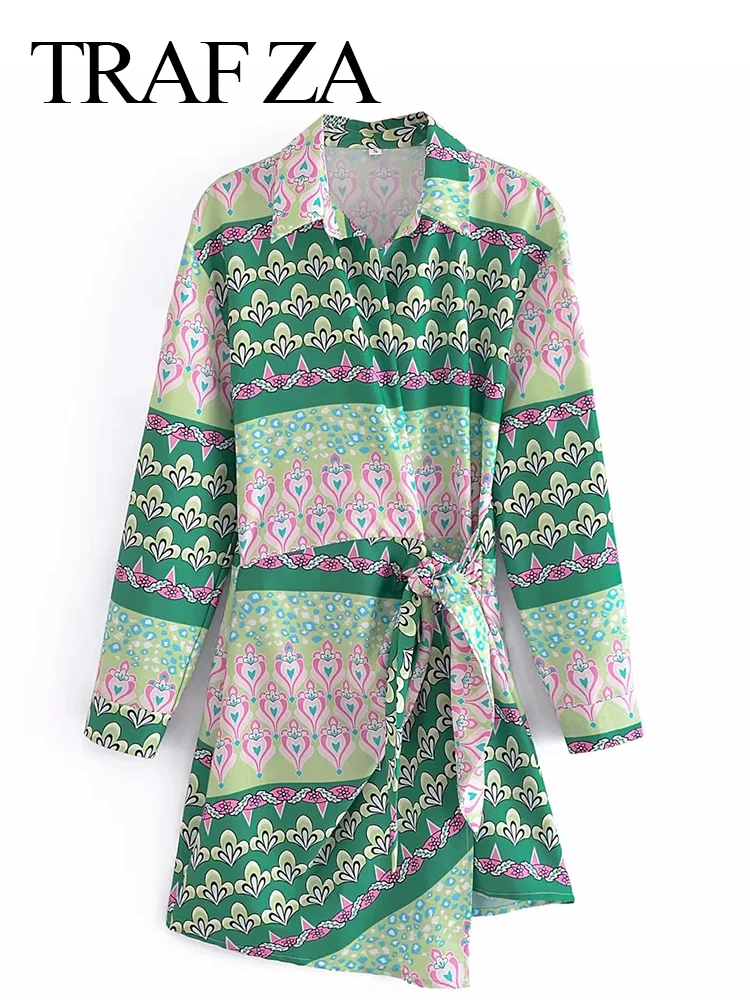

Повседневное модное легкое удобное женское платье TRAF с длинным рукавом винтажное зеленое платье с поясом и асимметричным подолом