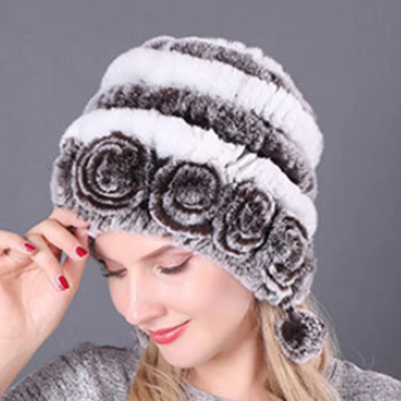 

Hot Sale Winter Women Flowers Striped Natural Rabbit Fur Hats Lady Warm Knit Genuine Fur Caps Russian Outdoor Fur Hats