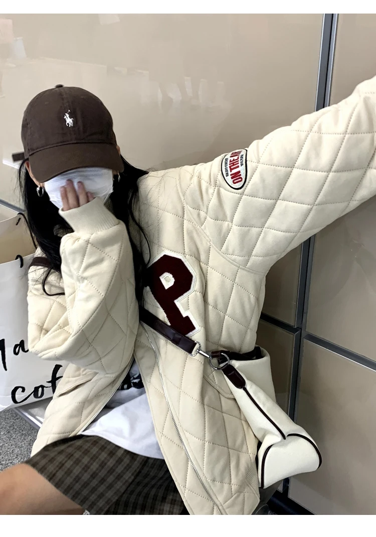 Lingge Letter Printed Cotton Padded Jacket Winter Parkas College Style Women Cotton Coat Loose Warm Baseball Jacket for Women