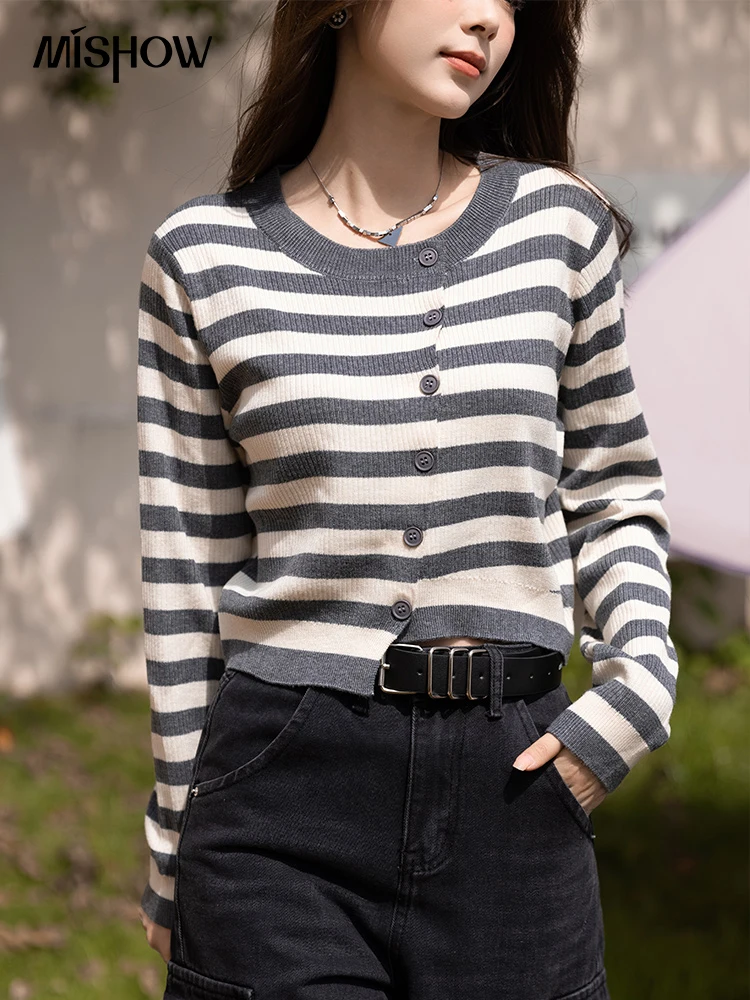 

MISHOW Striped Cardigans Women Autumn Korean Retro Oneck Irregular Single Breasted Sweater Chic Female Knitted Tops MXB36Z0852