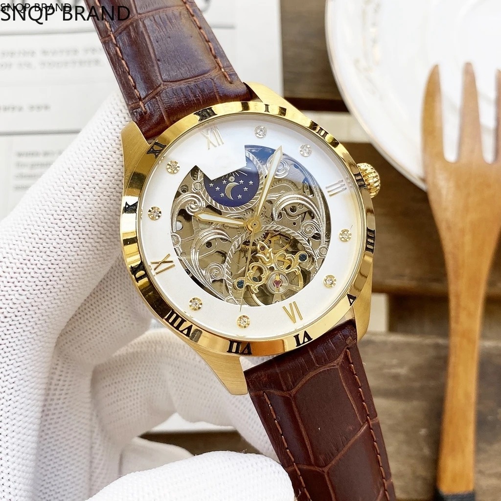 

Мужские часы Moon Phase автоматические механические черные коричневые кожаные часы