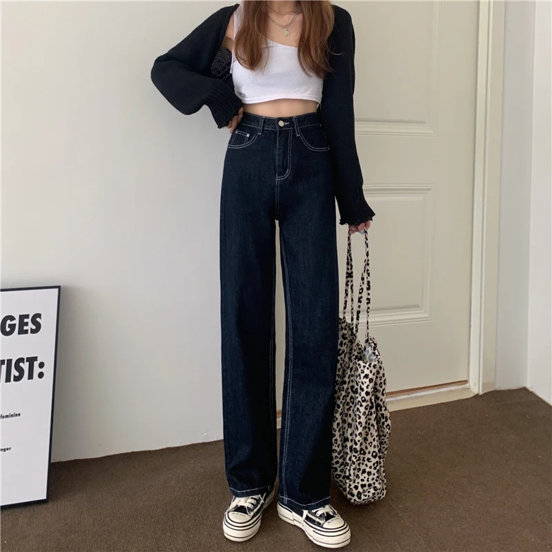 

DD2593 New high-waisted dark straight-leg jeans women's slim and long legs loose trousers jeans