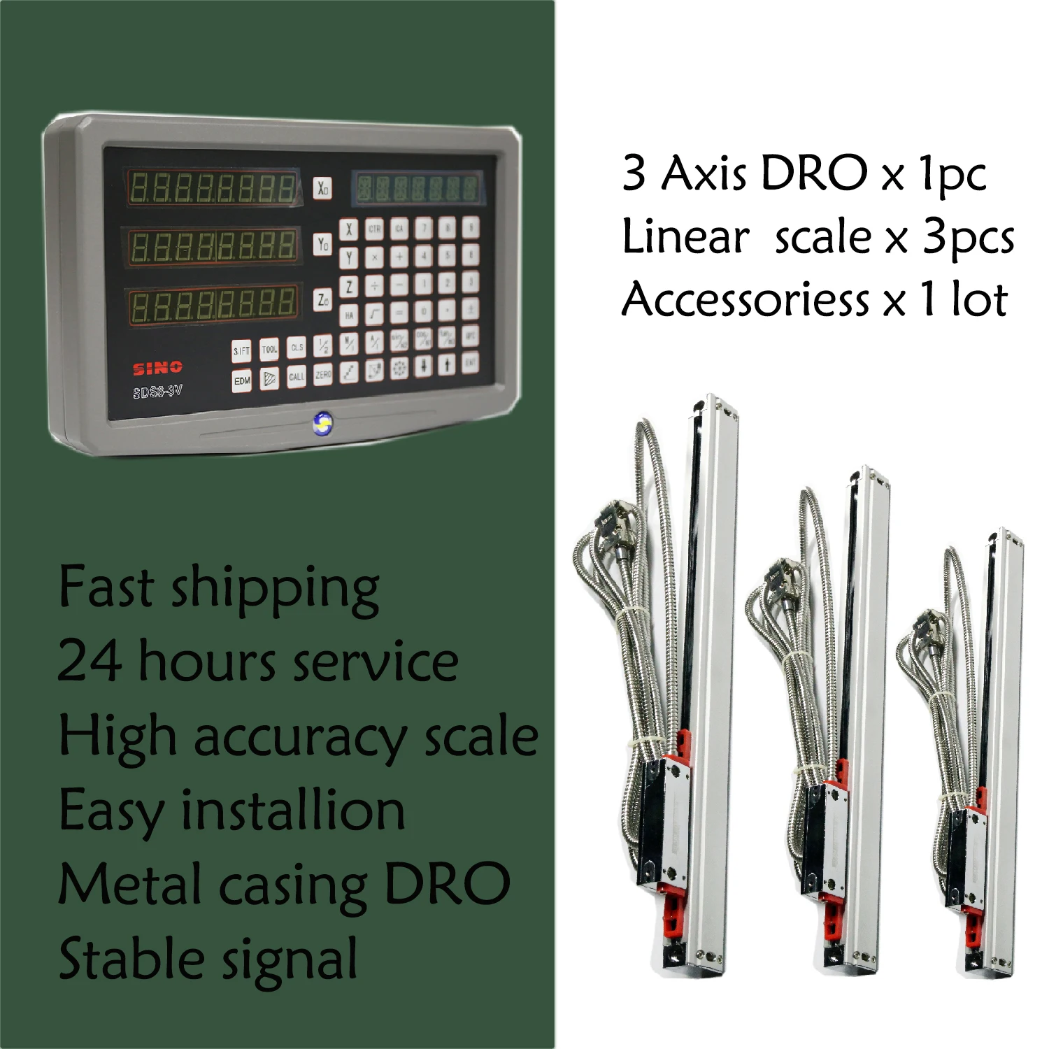 

Complete Set SINO 3 Axis Digital Readout DRO Kit SDS3MS and 3pcs KA300 5um Ruler Linear Scale Optical Encoder Lathe Milling