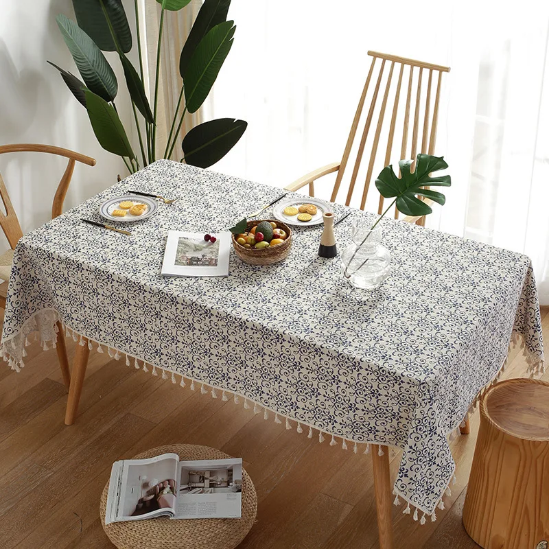 

New Classical Post-modern Vintage Tablecloth Cotton Linen Rectangular Tea Table Cover with Tassel Home Decorative Tablecloth