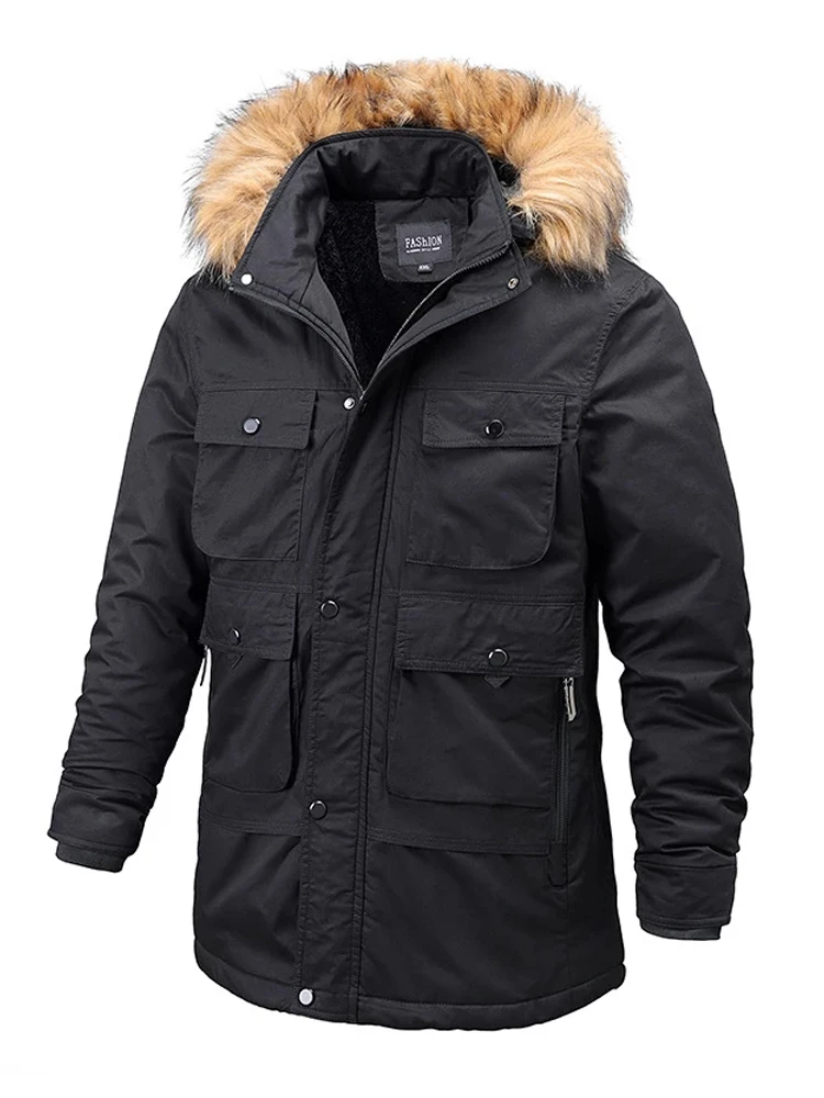 Winter Jacket Men Fur Collar Hooded Coat Thickening Casual Cotton Jackets Plus Velvet Parkas Long Windproof Overcoat Ropa Hombre
