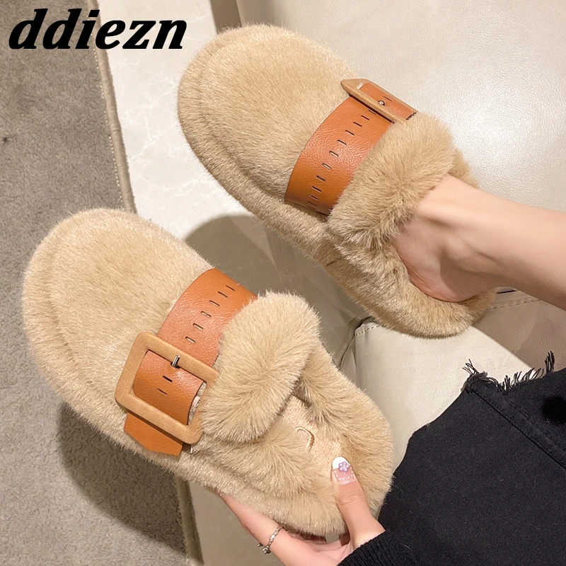 

Женские меховые шлепанцы, теплые меховые шлепанцы на плоской подошве, с пряжкой, повседневные, для улицы и помещения, для зимы, 2023