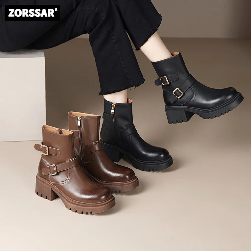 

High Quality Women Platform Motorcycle Boots Ankle Boots Genuine Leather Chunky Heel Fashion Double Buckle Female Short Boots