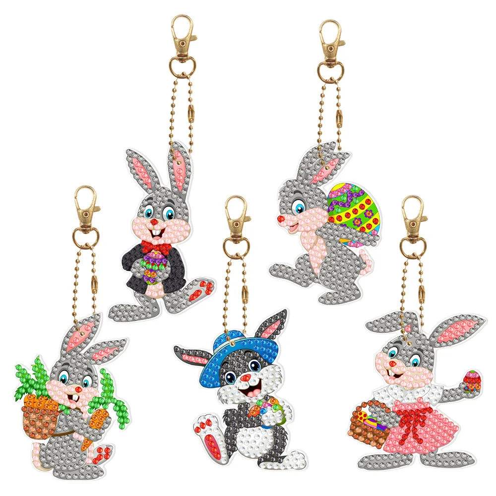 

Cartoon rabbit diamond painting keychain double sided children's DIY handmade diamond wrapped cute dog backpack pendant gift