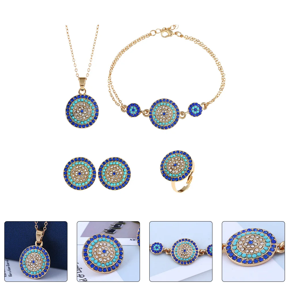 1 Set Ear Rings Necklace Bracelet Ring Set Round Turkish Blue Eye Jewelry Set for Lady Girl Madam Women