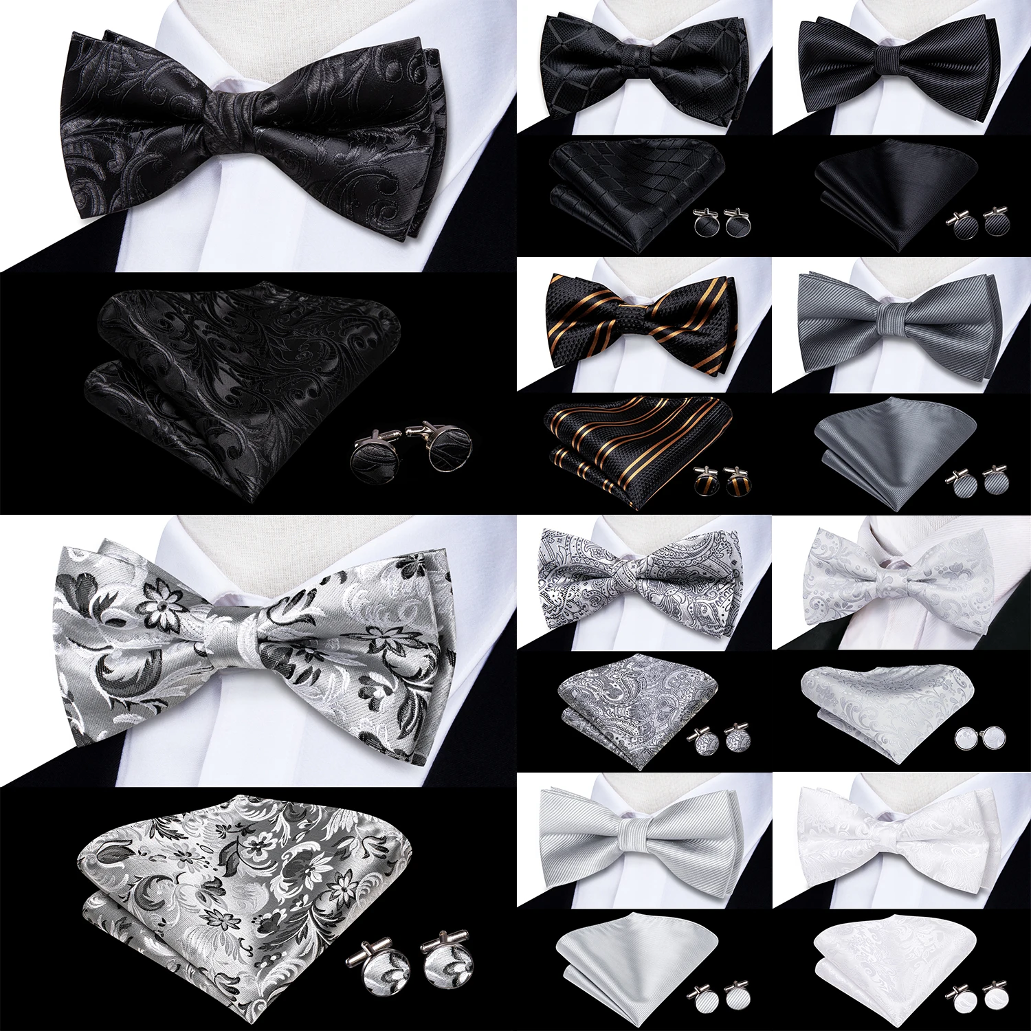 

White Black Gray Silver Silk Mens Bow Tie Hanky Cufflinks Set Woven Pre tied Butterfly Cravat Bowtie for Male Wedding Business