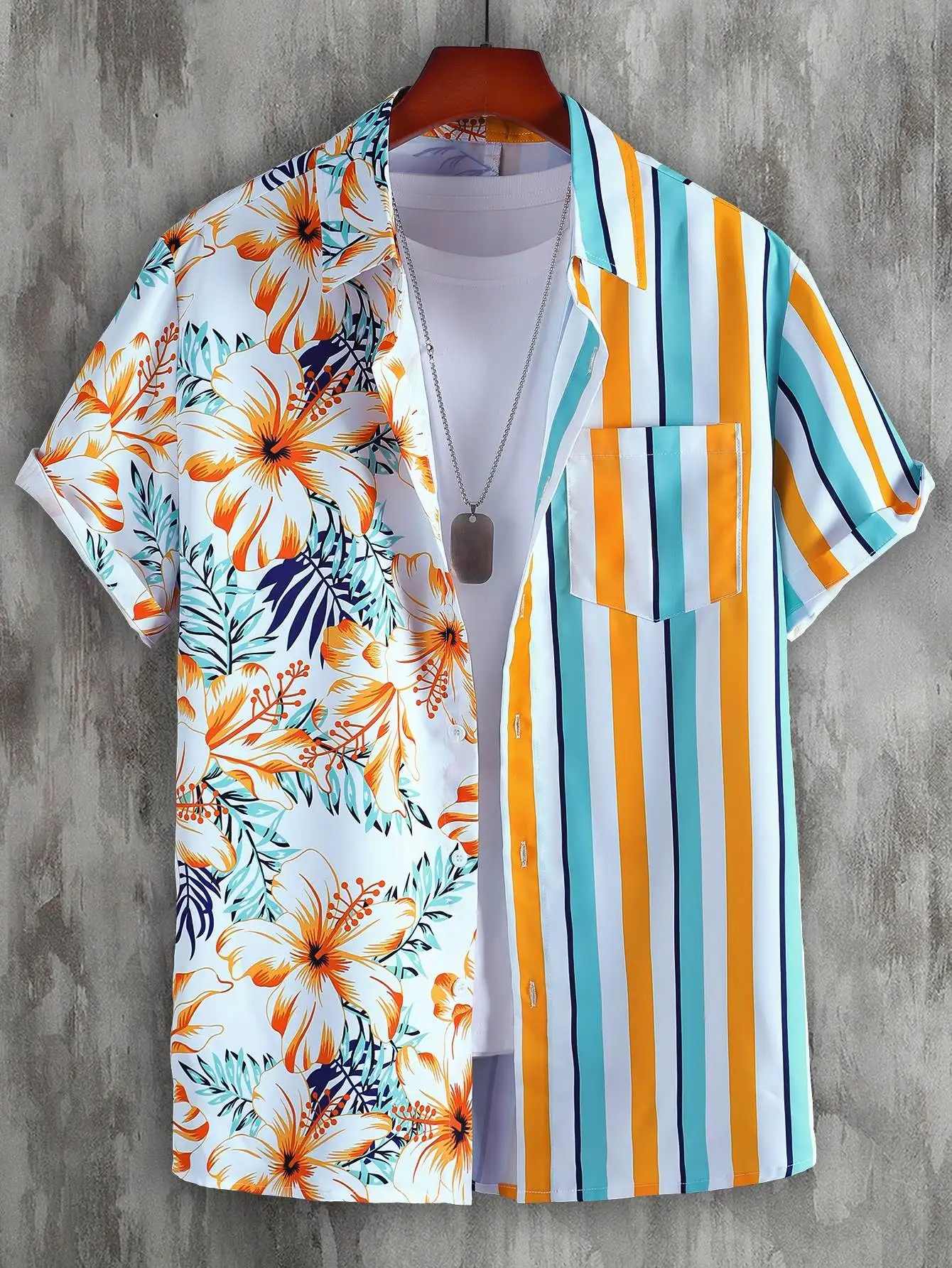 

Summer Shirt Hawaiian Men's Shirt Random Color Stripes And Tropical Print Shirt Loose Fitting Beach Ball Top Unisex Fashion Shor