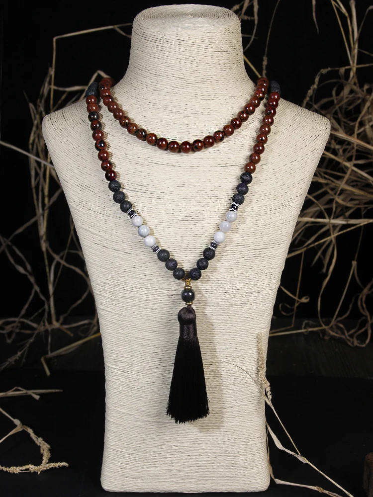 

Complete necklace and tassel,8mm,Mahogany obsidian Volcanic stone,108 Mala Necklace,Japan,meditation,yoga,Men and women jewelry
