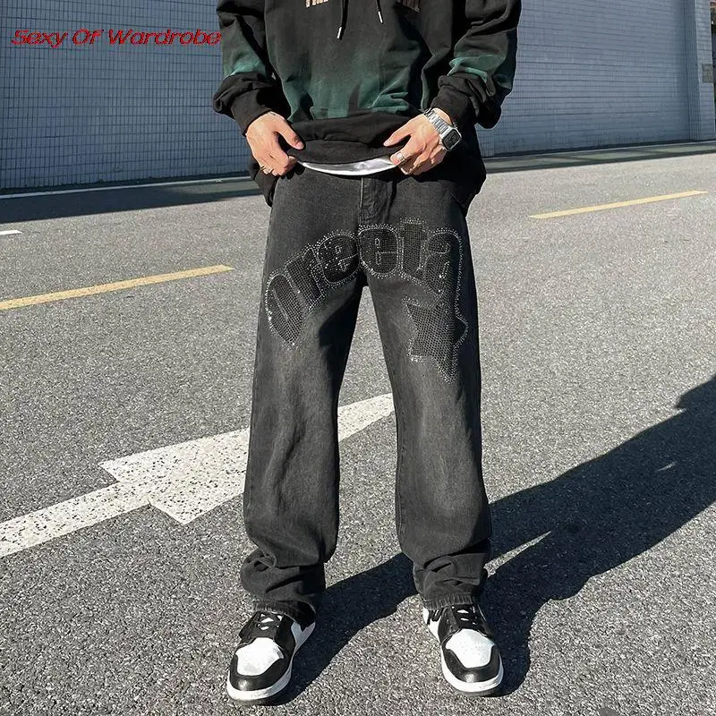

American Street Hot Diamond Letter Jeans Hip Hop Punk Retro Style Straight Pants Wide Leg Pants Bell Pants Casual Pant Men Women