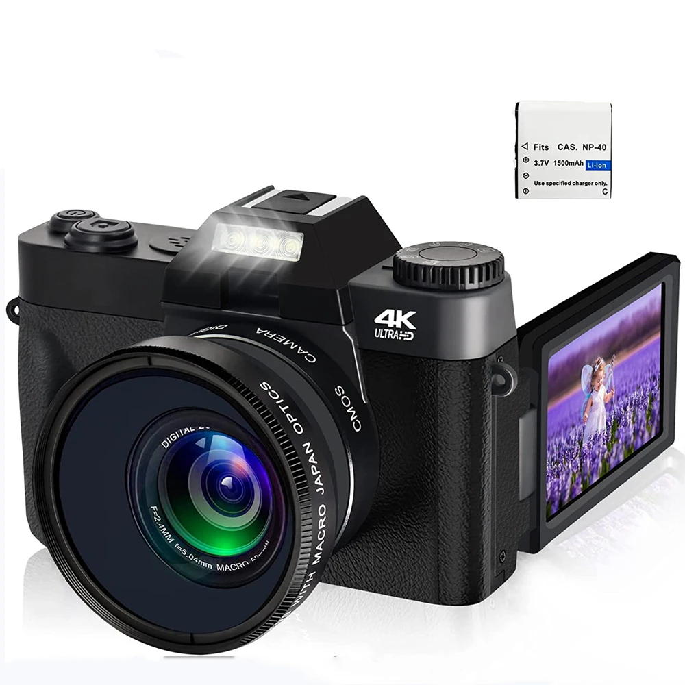 

Цифровая камера 48 МП, 4K UHD, видеорегистратор, 3,0 дюйма, 360-градусный откидной экран, цифровая веб-камера для селфи, широкоугольный макрообъектив для YouTube