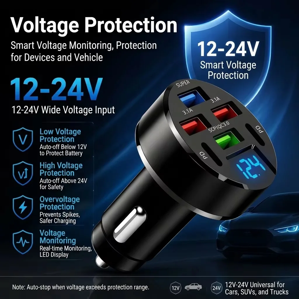 Фото Многопортовое автомобильное зарядное устройство USB-C 12В/24В с дисплеем напряжения в реальном времени, сверхбыстрый адаптер для зарядки iPhone, Samsung, планшетов, iPad №2