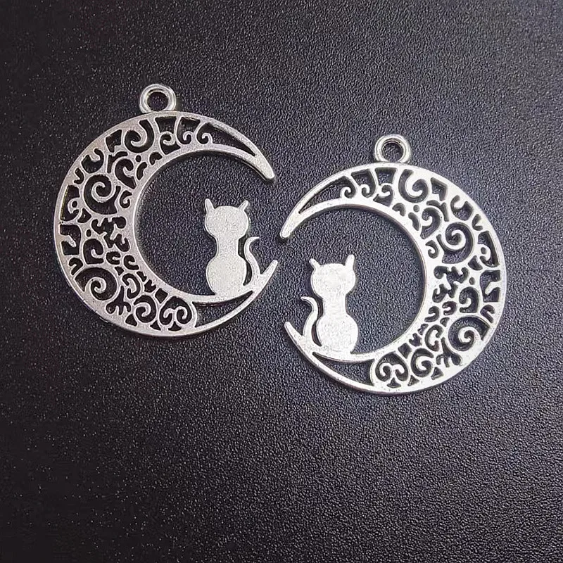 

10pcs Charms Moon Cat 30x25mm Antique Silver Color Pendants DIY Crafts Making Findings Handmade Tibetan Jewelry