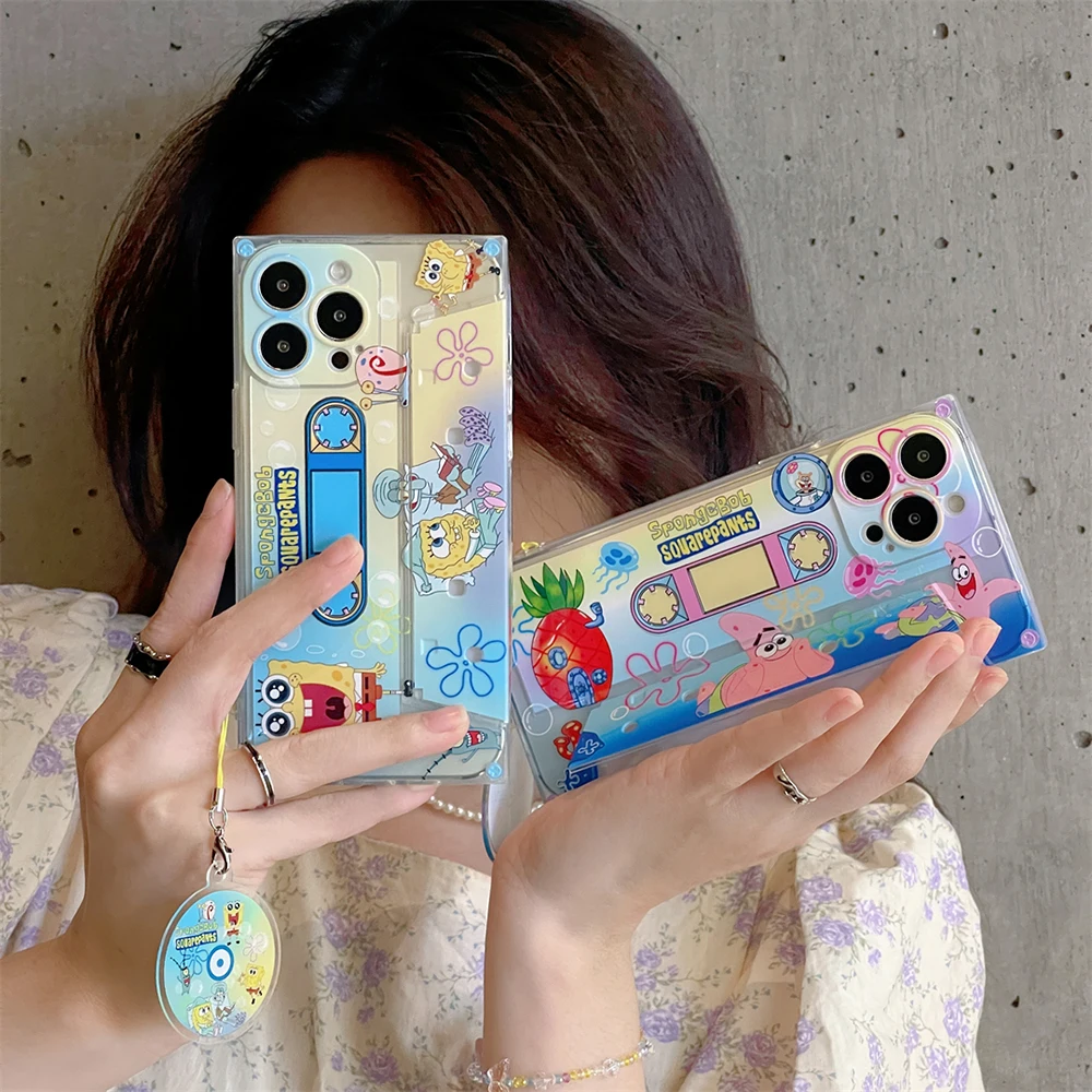 

S-SpongeBobs Best Friend Tape CD Invisible Bracket with Pendant Phone Case for IPhone 14 13 12 11 Pro Max Plus Back Cover Gift