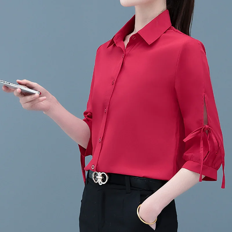 

Mid-sleeve Shirt Women's Solid Color 2022 Summer New Loose Breathable Top Lantern Sleeve Shirt Women Fashion Short-sleeved Shirt