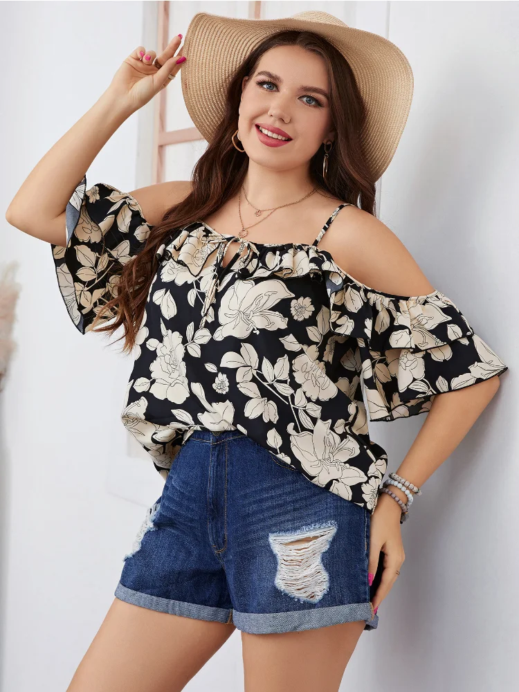 Plus-size shirt temperament, commuter collar, suspenders, fashion print, women's lapels, chiffon plus size feminino