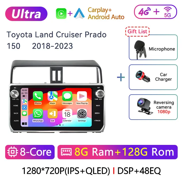 

10,25-дюймовый 2 Din Android автомобильный стерео радио для Toyota Land Cruiser Prado 150 2018 2019 2020 2021 2022 2023 мультимедийный видеоплеер навигация GPS Carplay головное устройство плеер с экраном