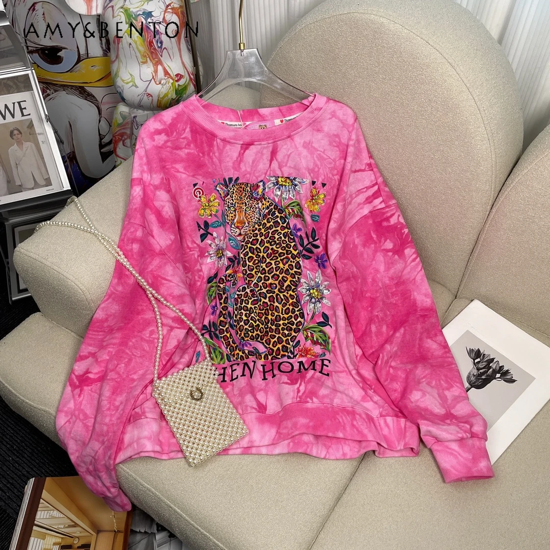 

Autumn Winter Sweet Cool Men's Friendly Animal Beaded Printing Casual Fashion Tie-Dyed Long-Sleeved Sweatshirts Streetwear Women