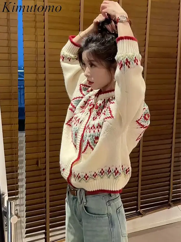 Kimutomo жаккардовый свитер большого размера с шикарным узором женский контрастный