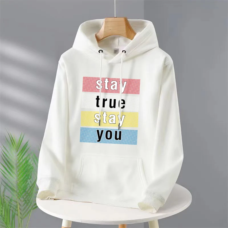 

stay true stay you Letter Hoody For Women Pocket Street Sweatshirt Hip Hop Style Fleece Hoodie All-Match Comfortable Clothe