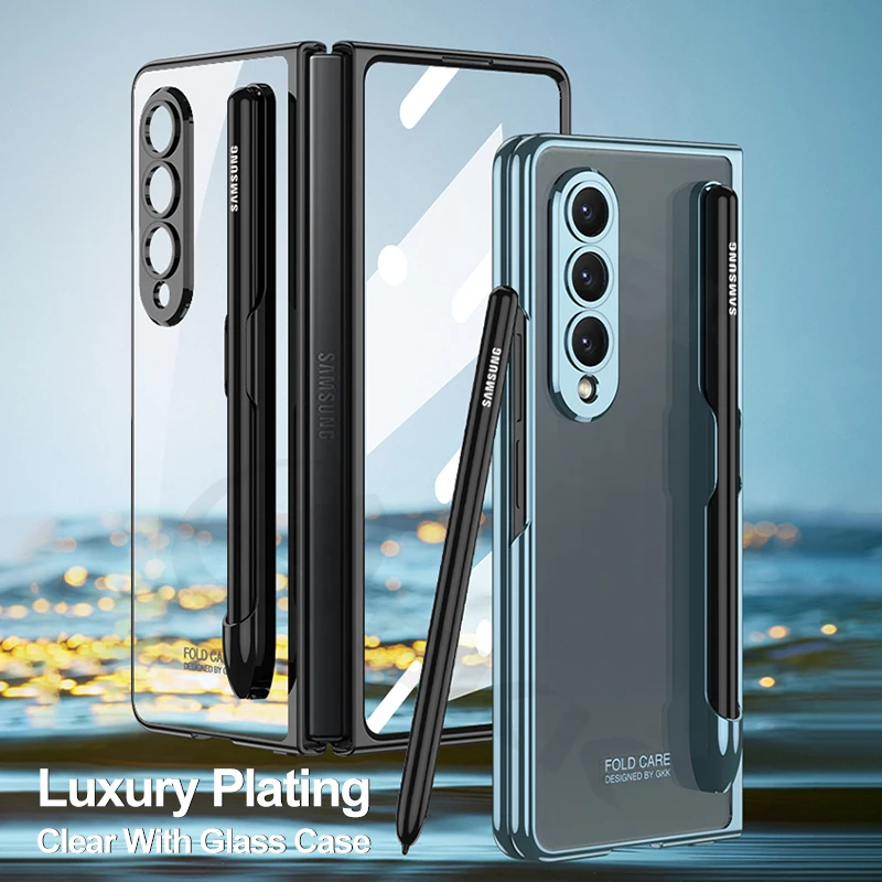 

GKK For Samsung Galaxy Z Fold 4 5G Case Electroplated Clear Pen Slot Protection Hard Cover For Galaxy Z Fold4 With Glass Case