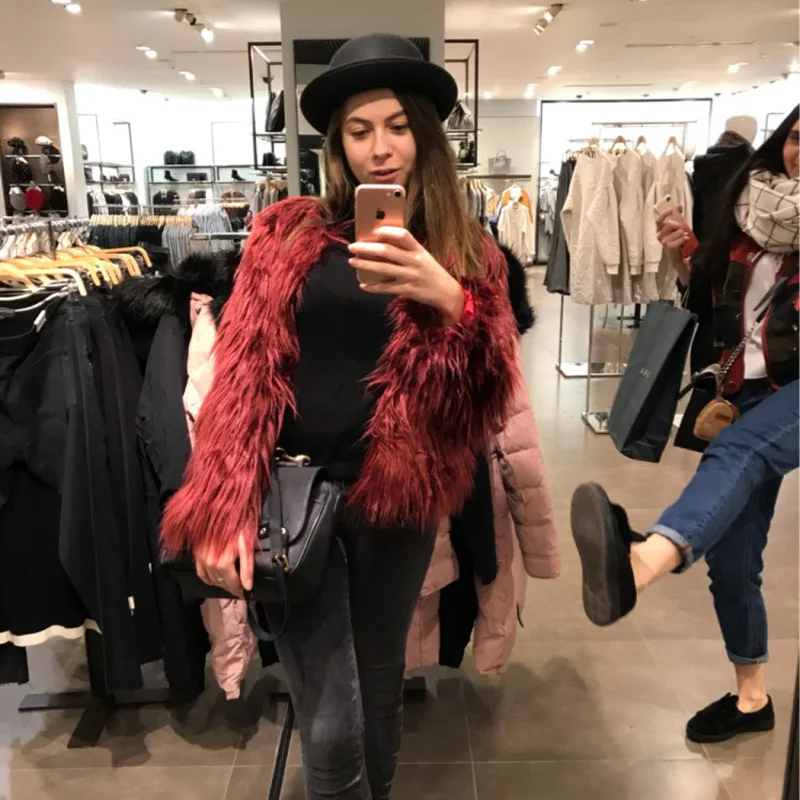 Fashion Furry Collarless Long-sleeved Coat Furry Faux Fur Coat, Women's Fluffy Warm Long-sleeved Women's Autumn and Winter Coat