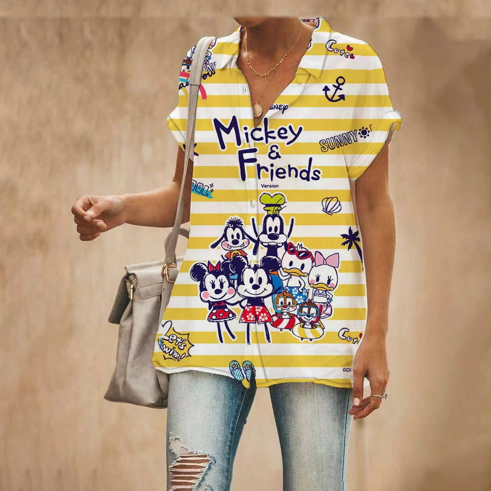 

Summer 2022 New Disney Branded Casual Short Sleeve Shirt Mickey and Minnie Anime Collection 3D Printed Kawaii Slim Top y2k