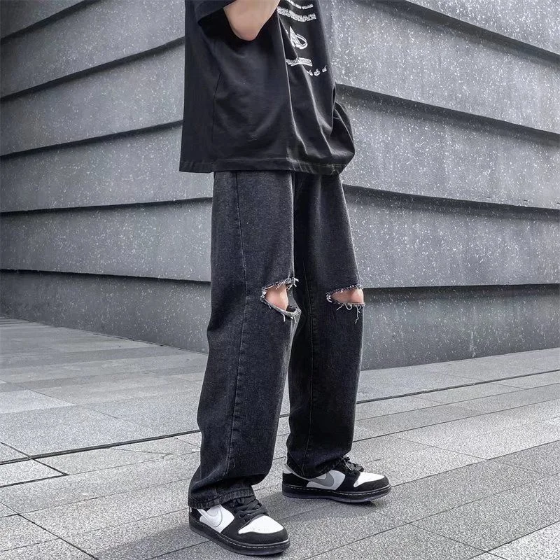 Blue Black Ripped Baggy Jeans Men Fashion Casual Straight Jeans Men Streetwear Loose Hip Hop Hole Denim Pants Mens Trousers