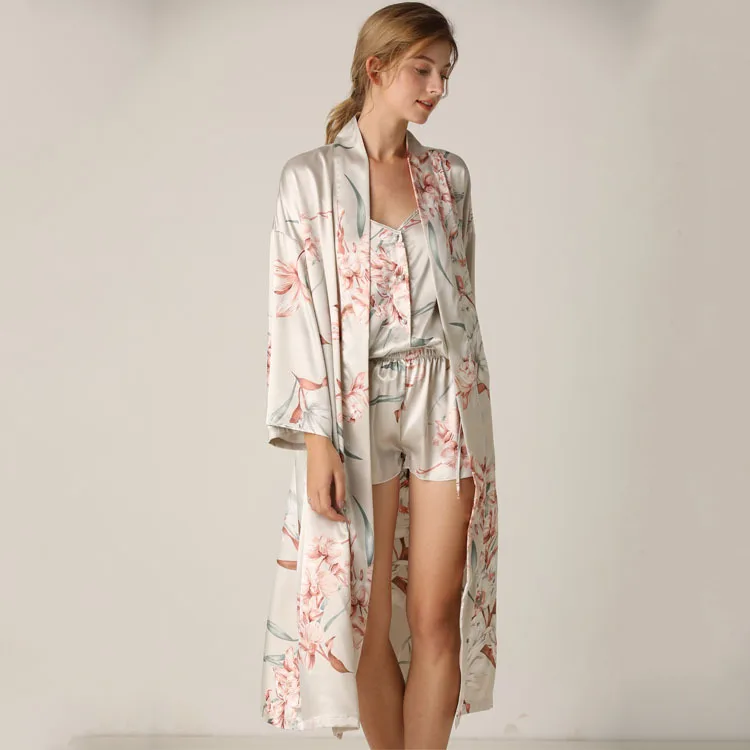 Sleepwear Long Robe Suit Women 3pcs Sling Top Shorts Robe Set Silk Satin Night Robe Print Fashion Bathrobe Bride Bridesmaid Robe