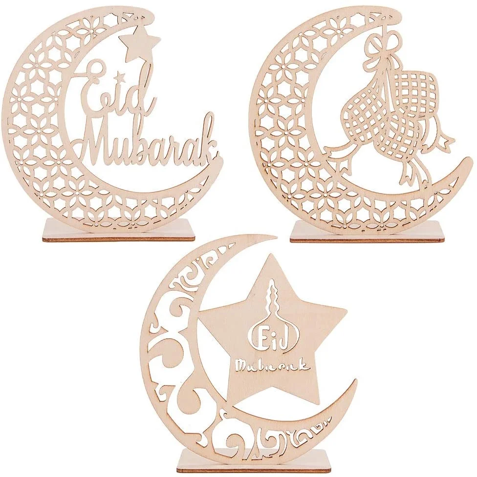 

3pcs Eid Mubarak Ramadan Wooden Plaque Ornament Moon Star Blessing Word Decoration for Happy Eid Mubarak Ramadan Decoration