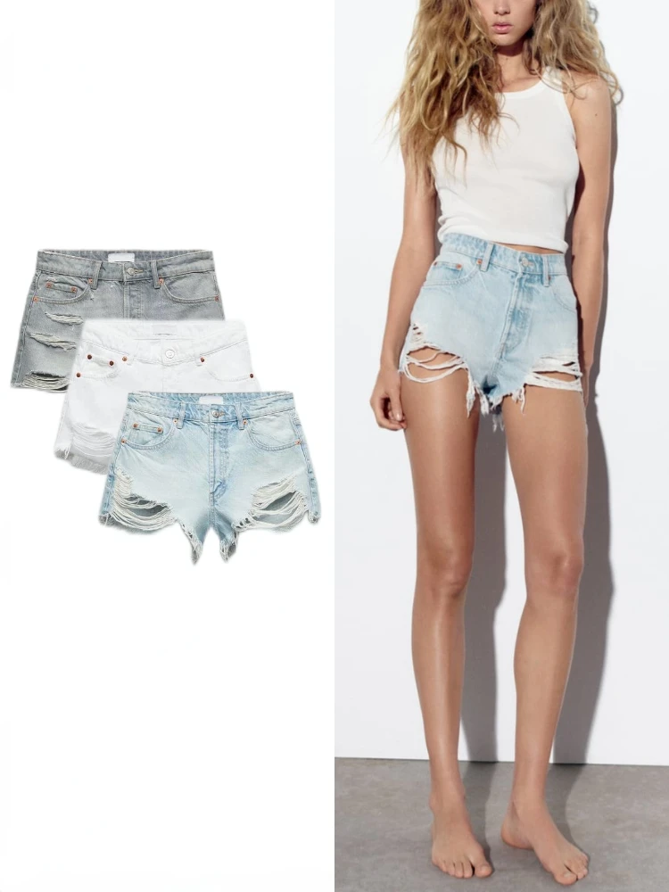 

Women's Summer New High Rise Five Pocket Ripped Detail Frayed Hem Curved Denim Shorts TRAF Washed Distressed Ripped Hot Pants