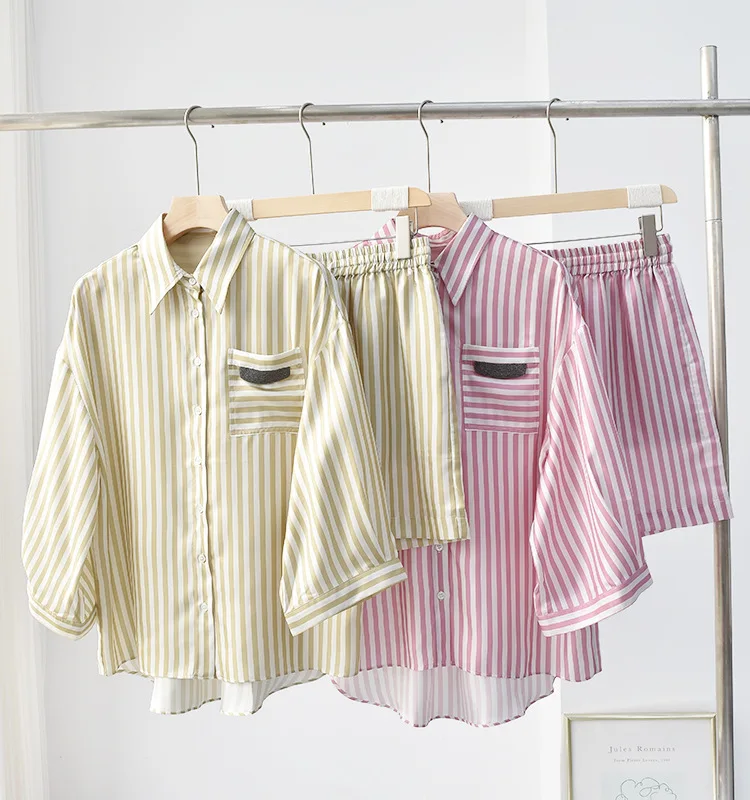 

Women Striped Blouse and Shorts Set Pocket Chain 2023 Summer New Ladies Single Breasted Turn Down Collar Shirt or Loose Shorts