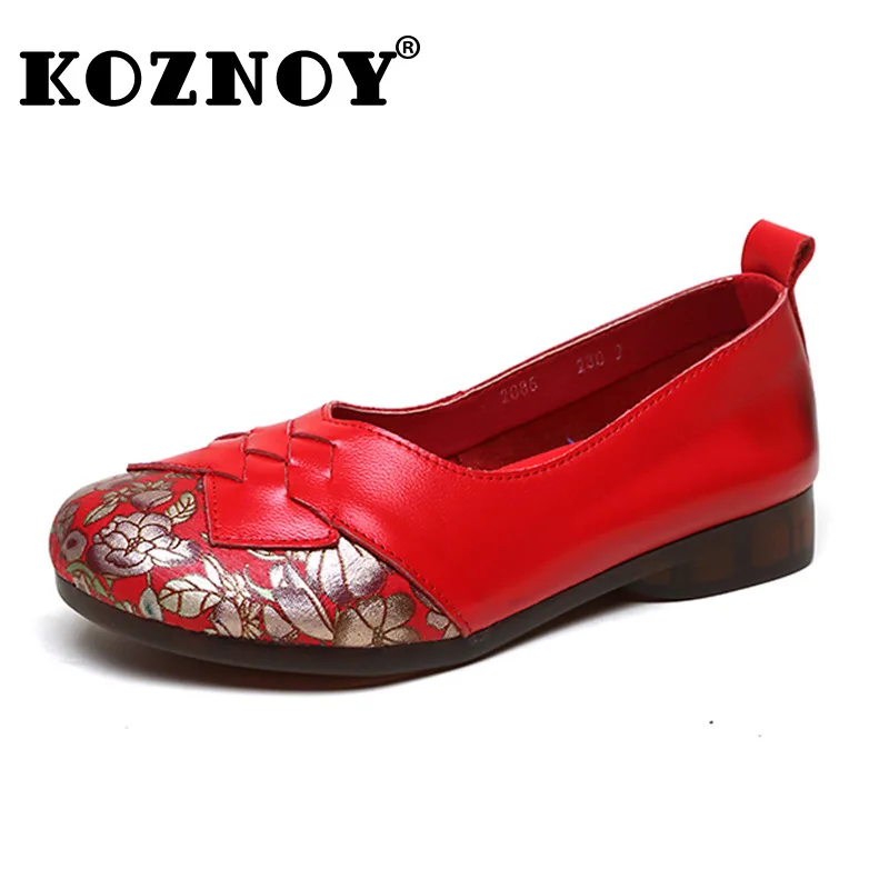

Koznoy 1.5cm Retro Ethnic Checkered Weave Genuine Leather Print Flower Summer Autumn Women Slip on Oxford Soft Soled Comfy Shoes