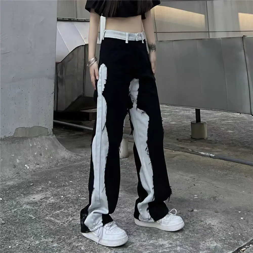 

Japanese Jeans Women Y2k Clothes Korean Pantalon Vintage Patchwork Casual Trousers Harajuku High Waist Straight Wide Lag Pants