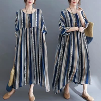 2022 summer new stripe short sleeve round neck loose large swing dress for women