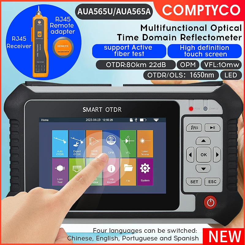 

AUA 565U/APC Port OTDR 1650nm 22dB Fiber Optic Reflectometer Touch Screen VFL OLS OPM Event Map Ethernet Cable Tester 4 Language