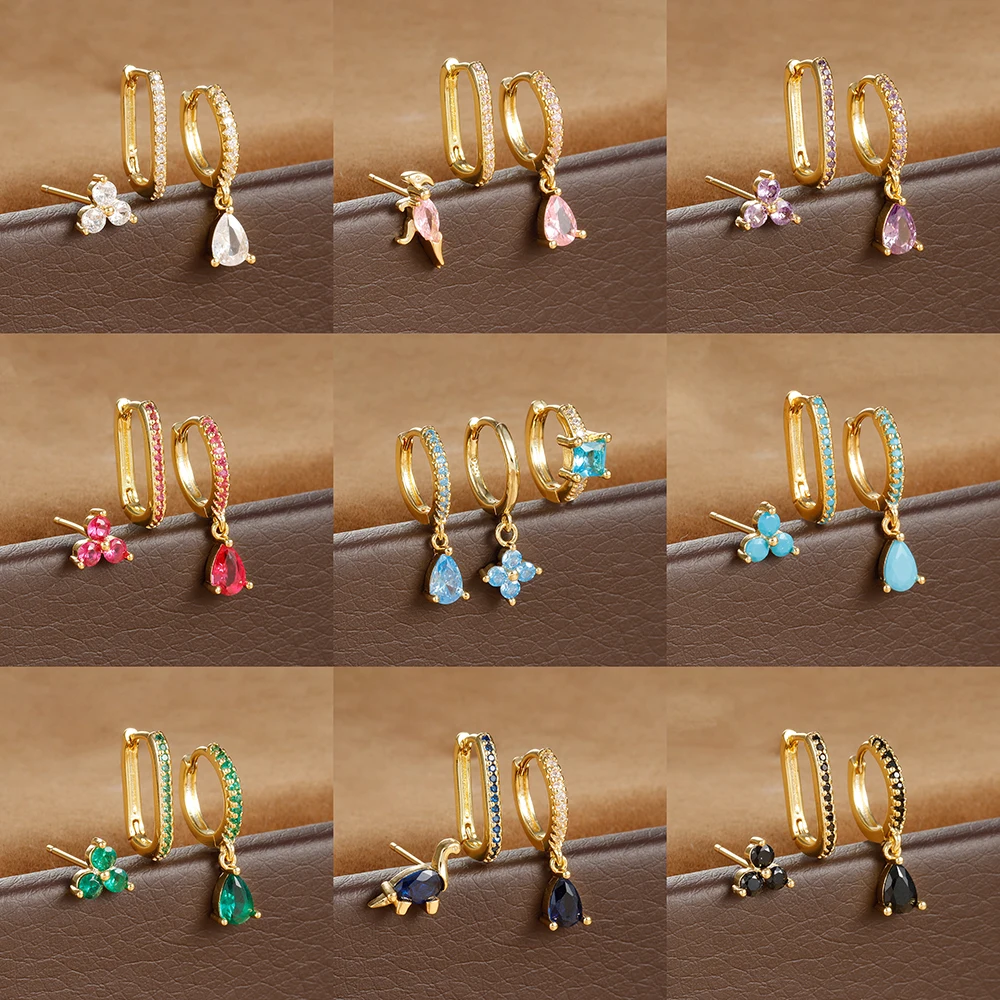 Серьги-кольца из нержавеющей стали с разноцветными фианитами 3 шт.