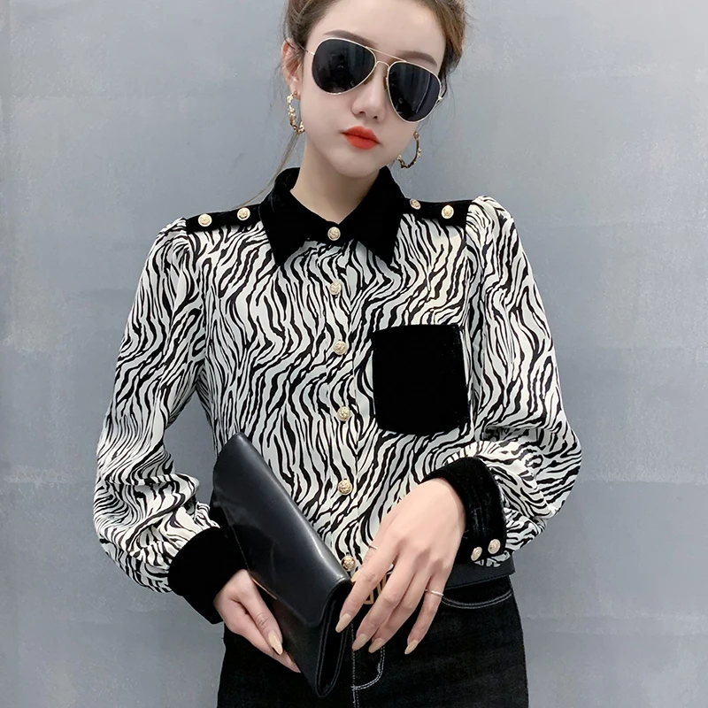 

Блузка женская шифоновая с леопардовым принтом, повседневный Модный Топ с длинным рукавом, свободная рубашка-поло, лето