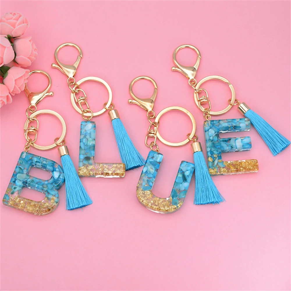 

26 A-Z Initials Letter Tassel With Gold Foil Keychains Charms Bag Pendant For Women Alphabet Resin Key Rings Accessories Gifts