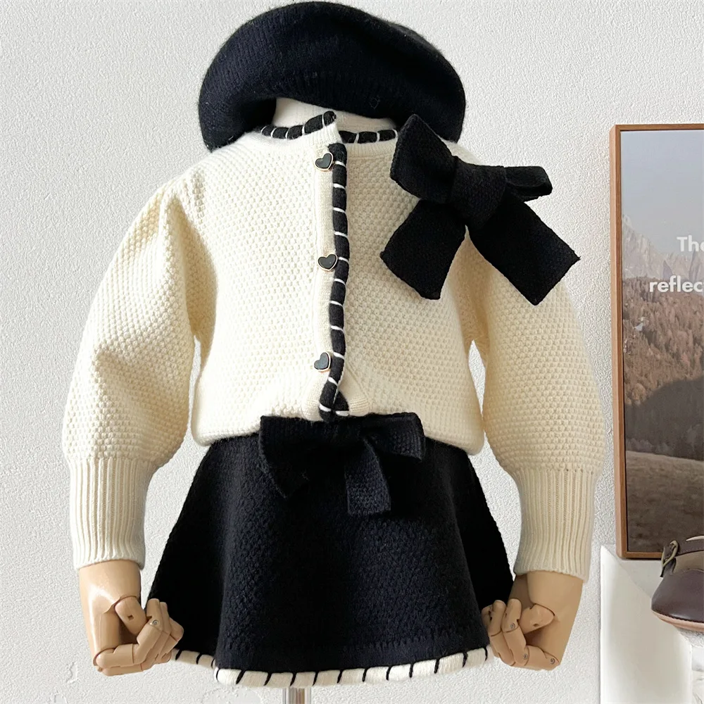Осенне-зимний Кардиган с бантом для маленьких девочек + вязаная юбка комплект из 2