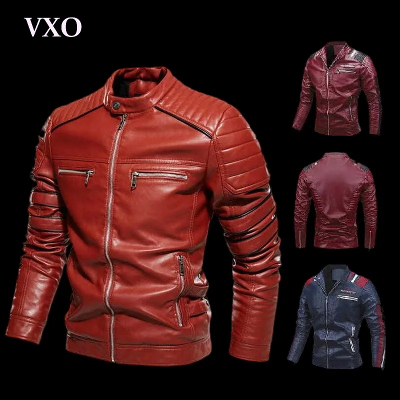 

VXO Mens Vintage Motorcycle Jacket Men Fashion Biker Faux Leather Coats Male Embroidery Bomber Coat Winter Fleece Pu Overcoat