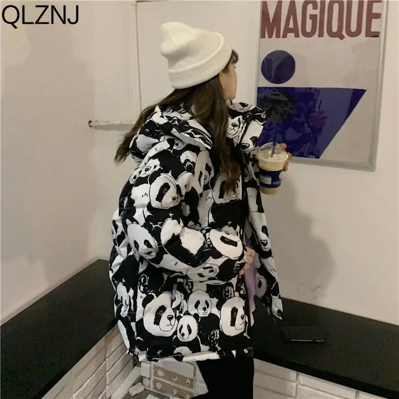 Winter Cotton Padded Clothes Women Hooded Short Parkas Ladies Cartoon Panda Print Bubble Coat Harajuku Long Sleeve Puffer Jacket