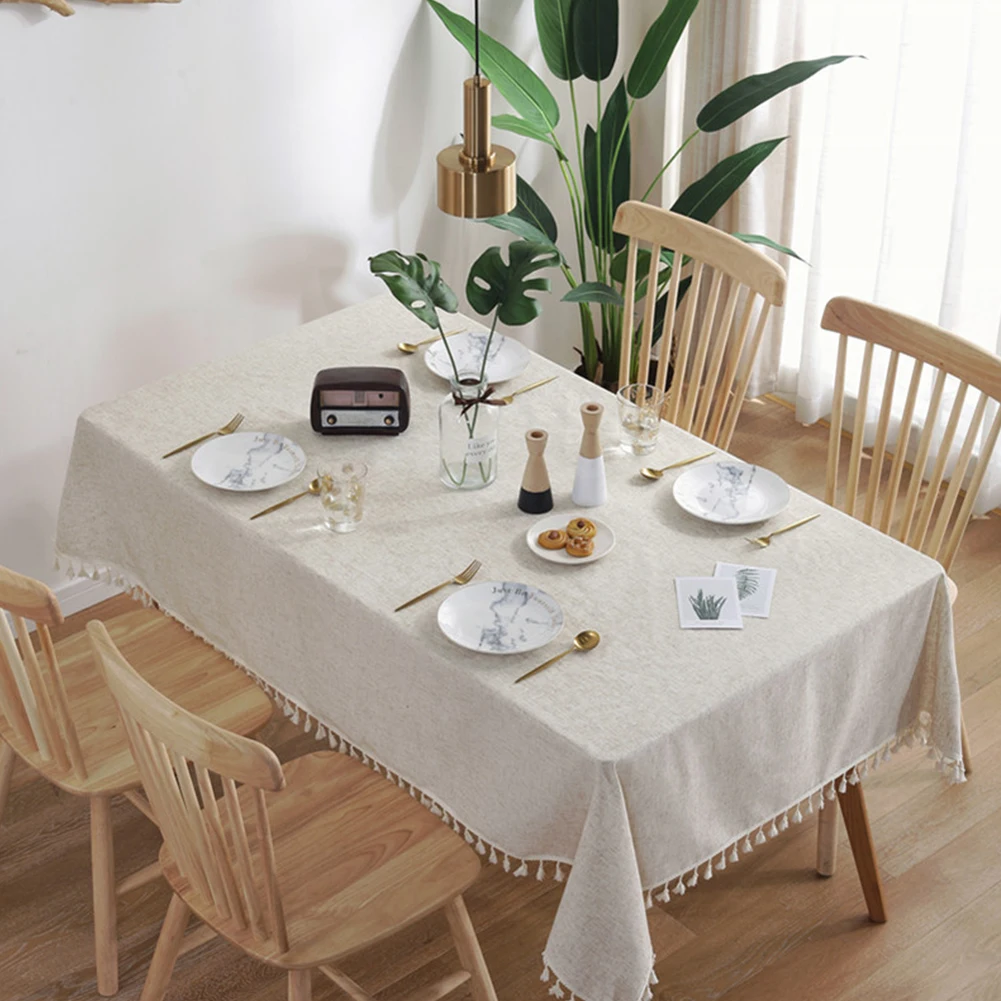 

Simple Cotton Linen Tablecloth Pure Color Tassel Decor Tablecloth Rectangular Table Napper Table Mat Nordic Style Table Cov