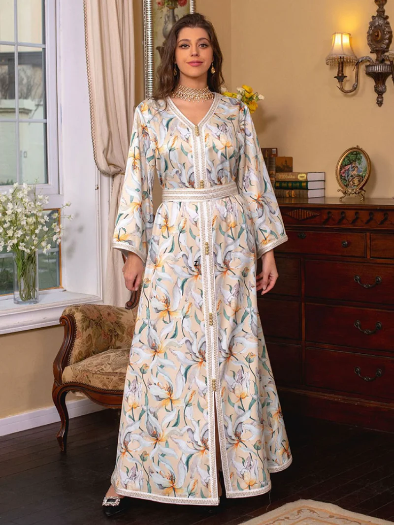 Floral Abaya Gulf Jalabiya for Women Belted Braided Trimming Printed Moroccan Kaftan Evening Gown Ramadan Eid Muslim Dubai Abaya