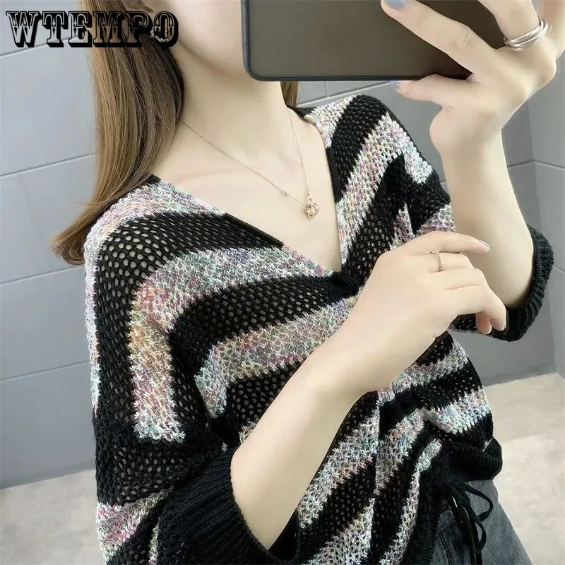 

V-neck Striped Short Hollow Out Shirring Knitted Sweater Women's Sun Protection Blouse Loose Bottoming Shirt Thin Sweater Tops